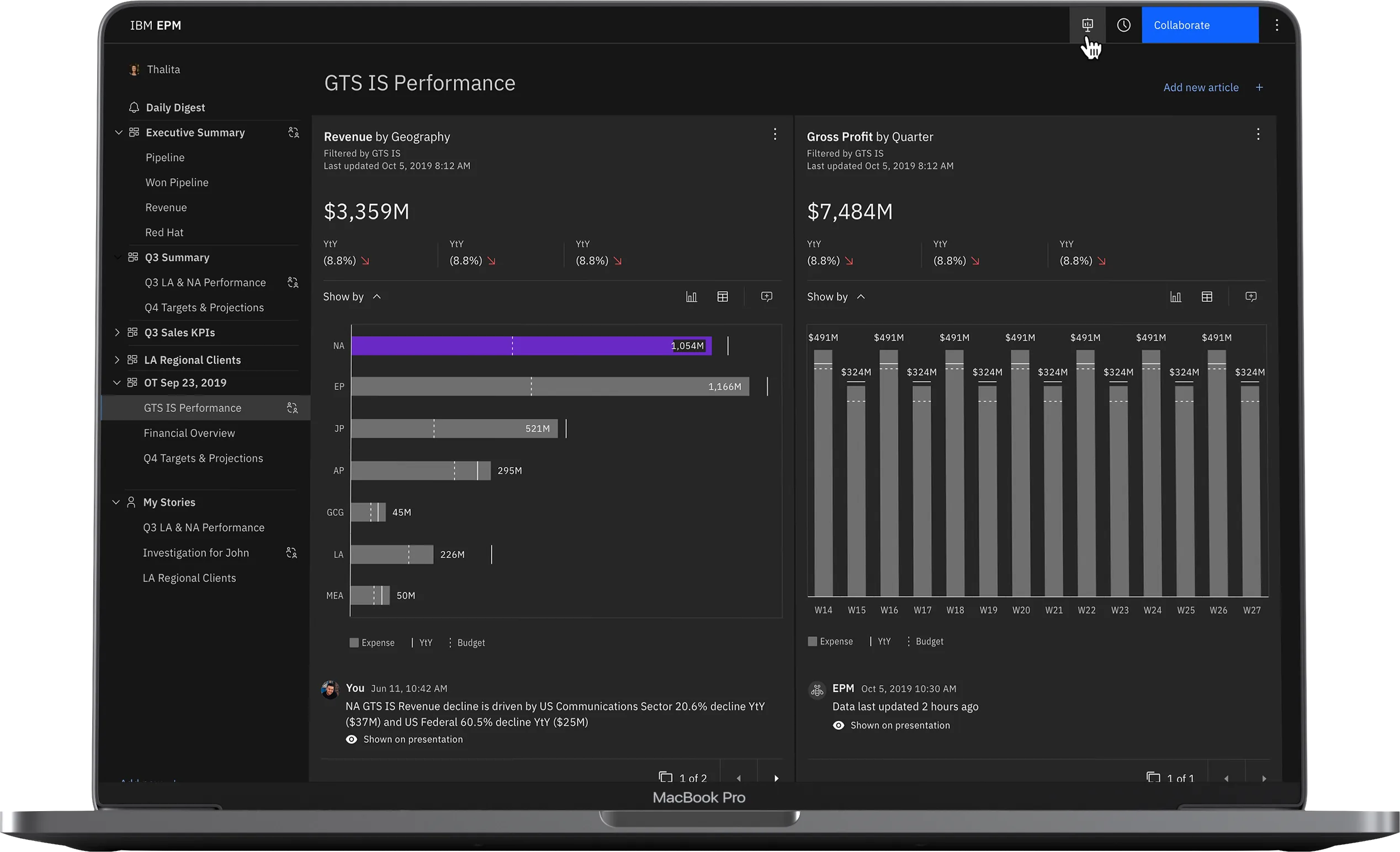 EPM Next desktop performance workspace shown on a MacBook Pro