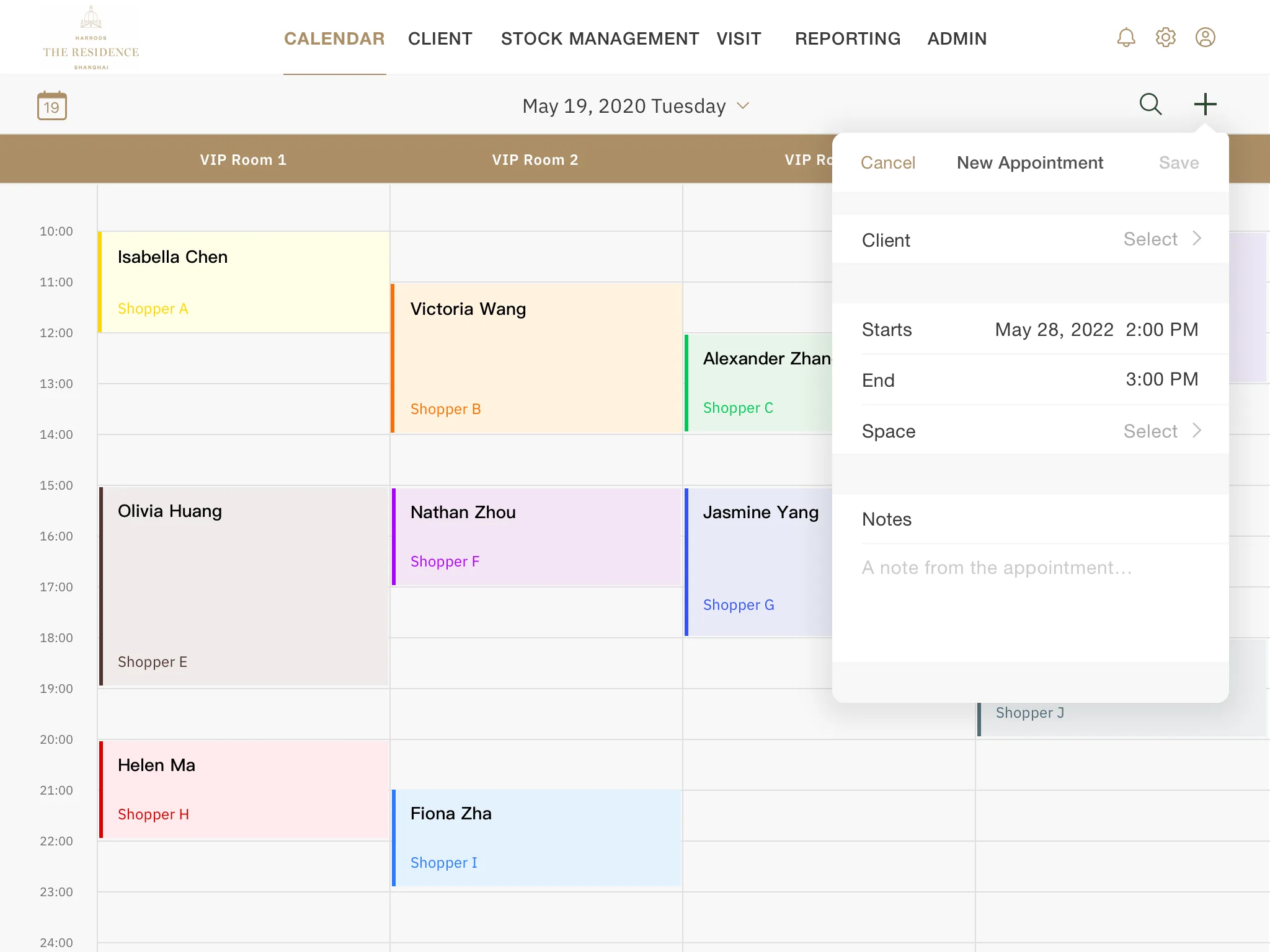 Harrods iPad appointment calendar with new appointment panel