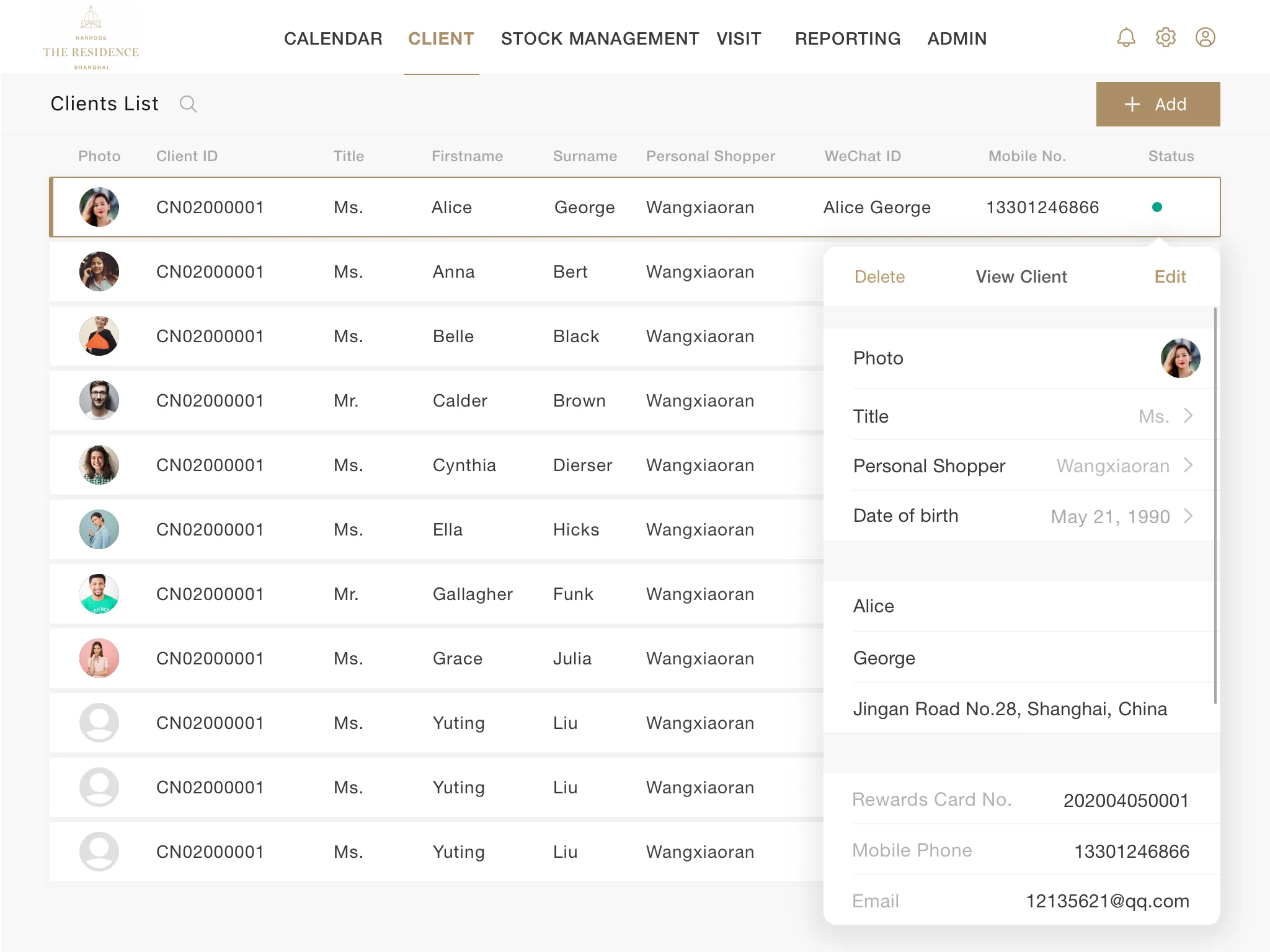 Harrods client list and client profile interface