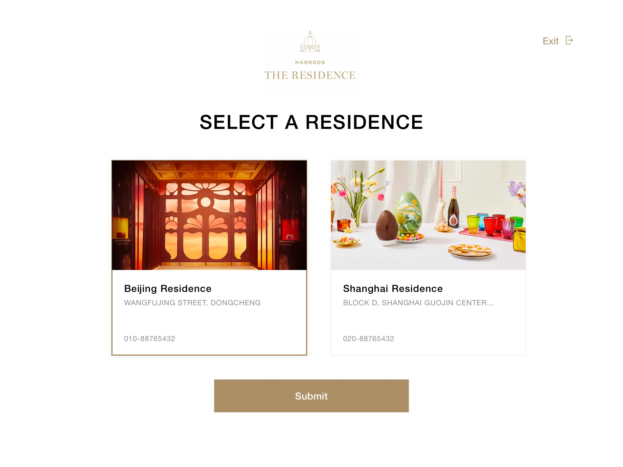 Harrods The Residence location selection interface